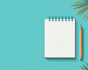 A blank notepad with a pen on a vibrant turquoise background, ideal for jotting down ideas or organizing thoughts.