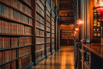 Obraz premium Antique library with wooden bookshelves filled with classic leather-bound books