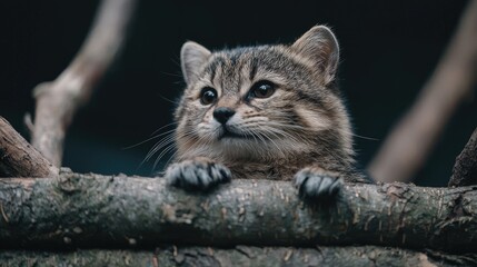 Curious kitten peering over branches