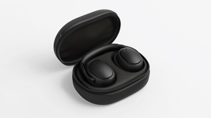 Ultra-realistic image of a black plastic headphone case with a zip closure, isolated on a white background
