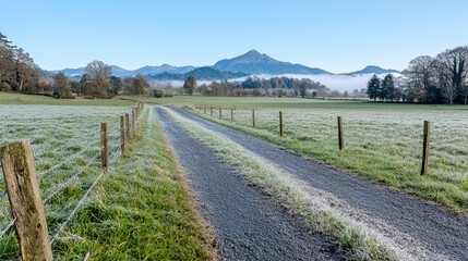 Frosty country road leading to mountains
