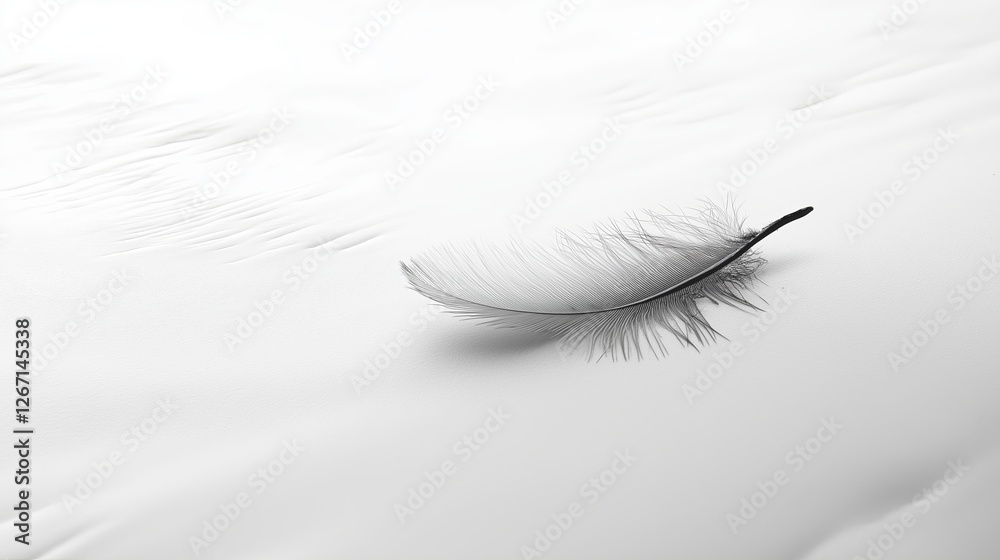 Poster a single feather resting on a smooth white surface