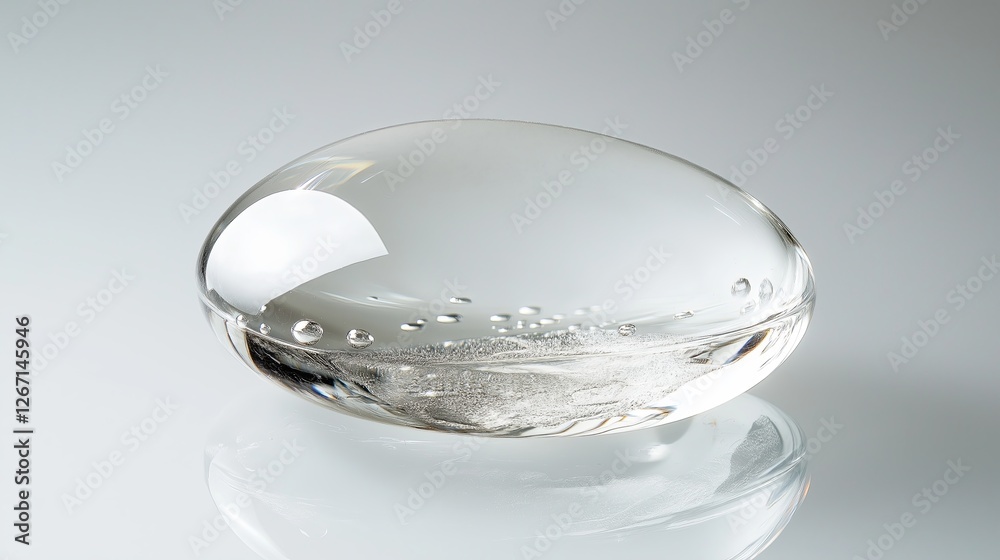 Poster a single rain droplet on a transparent surface, reflecting light.