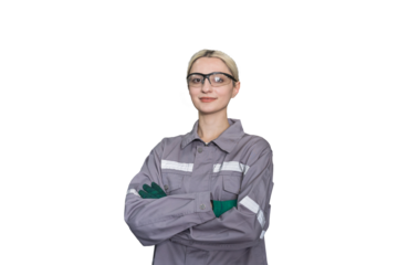 Happy woman engineer standing with crossed arms on transparent background. Female technician wear safety glasses and uniform standing on transparent background. Woman worker on white background