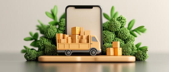 Phone displaying truck and boxes representing global reach of cross border e commerce shipping