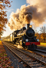 Steam locomotive chugging through autumn landscape at railway station, nostalgia