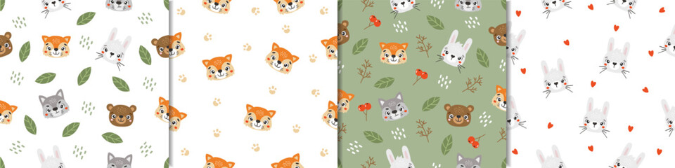 Wild animals pattern, cute wild animals, kids pattern, forest vector, cartoon, seamless pattern