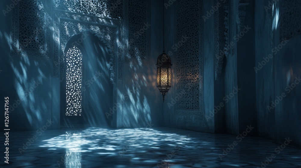 Poster Soft rays from a beautifully crafted Ramadan lantern illuminate the walls, creating mesmerizing patterns