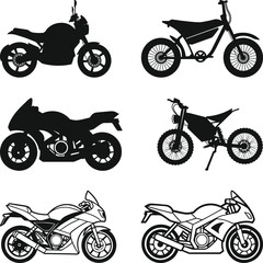 Motorcycle Vector isolated Silhouettes, motorbike Icons Set Illustration
