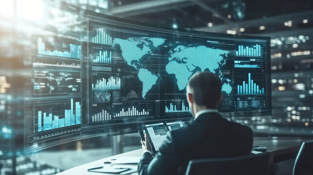 A man is sitting in front of a computer monitor with a large screen displaying a