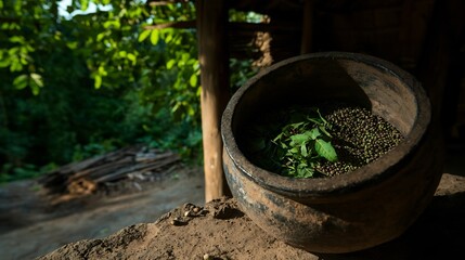 Overhead Shot of Herbs and Seeds Spilling Out from a Rustic Pot