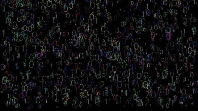  zeros and ones of the binary system floating and bouncing off the edges of the screen with random speed and color on black