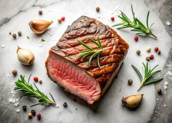 Perfectly seared steak, clean lines. Minimalist food styling, captivating image.
