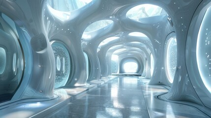 Modern Interior Design of a Futuristic Upscale Space with Unique Curved Architecture and Bright Lighting