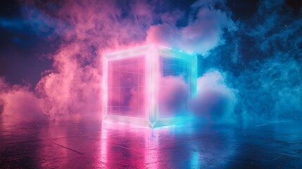 Glowing Cube in Neon Cloudscape