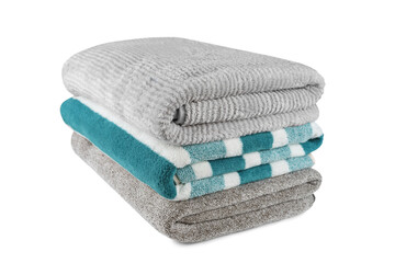 Soft fluffy striped grey and turquoise bath towels folded in stack isolated on white, transparent...