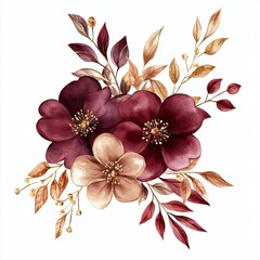 Maroon Flowers Gold Leaves Wedding Watercolor Design Elegant Invitation Cards