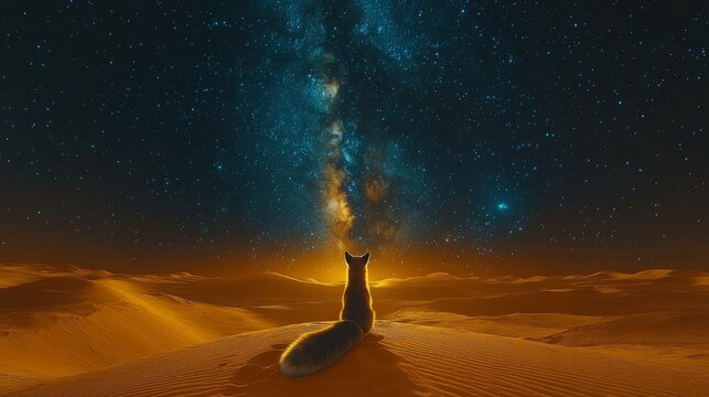 Wildd fox in dreamy night desert. Sacret design concept. Cute humanic animal in uncommonsurreal landscape. Dreamy background concept