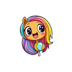 Fototapeta premium Adorable Rainbow Pony with Lollipop - Kawaii Cartoon Character