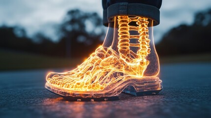 Person standing on road with fire in shoes and glowing 3d hologram of human feet with bone structure