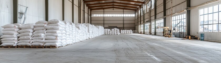 Spacious warehouse interior with stacked white bags and natural light illuminating the industrial space