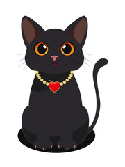 Cartoon black cat with big eyes sits cute on a white background isolated. Vector.