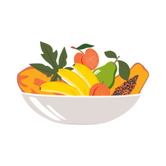 Tropical fruits in a bowl isolated on a white background. 