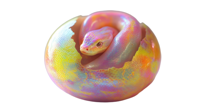 Isolated Iridescent Snake Hatching from Egg - Colorful Reptile