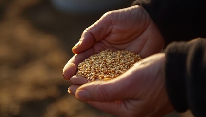 Golden Wheat Grains Held in Hands, Showing Agriculture's Bounty, Cultivating the Earth for Future Harvest, Sustainably Grown Grains in Golden Light.