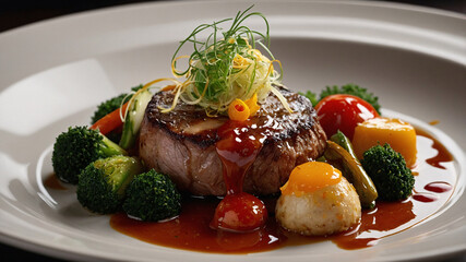 A gourmet plate features a cut of meat with a glossy sauce. Around the meat are vegetables, including broccoli and cherry tomatoes, enhancing the dish's appeal.