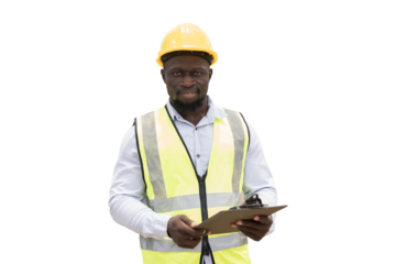 African American male construction engineer on transparent background. Male construction engineer working on transparent background