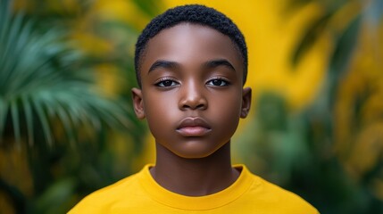 A young boy with a shaved head and a yellow shirt. He is looking at the camera. The image has a bright and cheerful mood