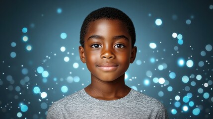 A young boy with a smile on his face is staring at the camera. The background is a blurry, colorful pattern that adds a sense of movement and energy to the image