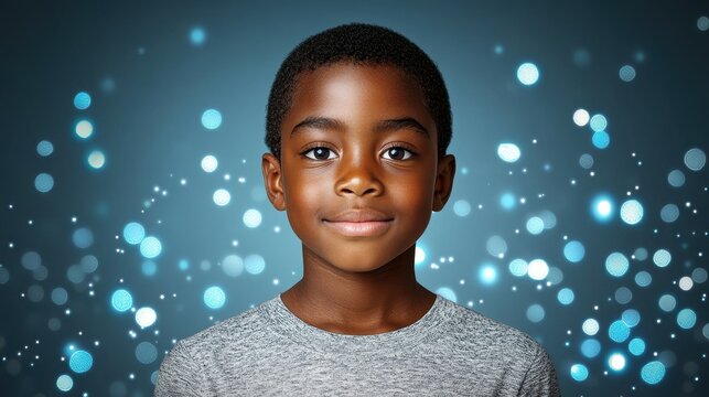 A young boy with a smile on his face is staring at the camera. The background is a blurry, colorful pattern that adds a sense of movement and energy to the image