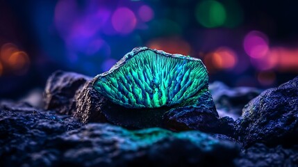 Fototapeta premium Vibrant close-up of a luminescent mineral on dark rocks, with colorful bokeh background