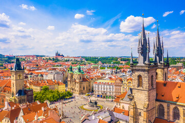 A stunning aerial view of Old Town Square in Prague, Czech Republic, showcasing its historic architecture, vibrant atmosphere, and iconic landmarks in the heart of this UNESCO-listed European capital