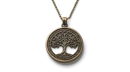 A gold tree pendant with a tree inside of it