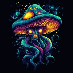 Glowing skull mushroom fantasy art; dark background; psychedelic design; t-shirt print