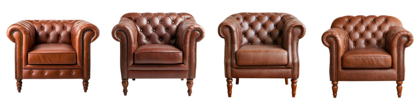 Exquisite leather Chesterfield style armchairs in a cozy sophisticated living room setting  Featuring classic tufted upholstery rolled arms and a timeless