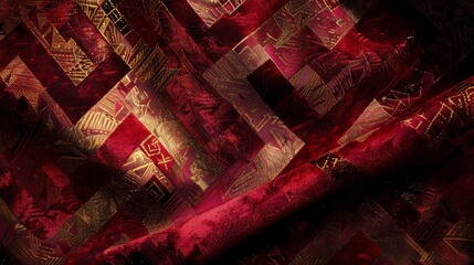A close up of a red fabric with a geometric pattern woven in gold thread.