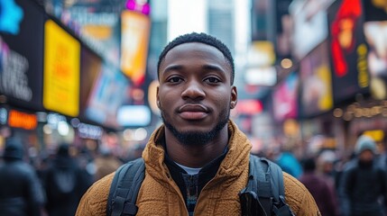 Fototapeta premium A man wearing a brown jacket and backpack stands in a crowded city street. He looks tired and is looking at the camera