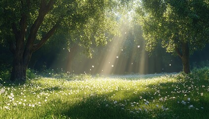 Obraz premium Sunbeams Illuminate Serene Meadow with Blossoms, Trees Create Magical Atmosphere in Peaceful Nature Scene