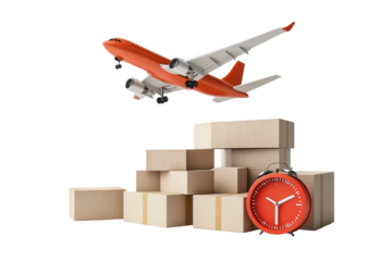 Isolated Airplane Flying Above Stack of Boxes and Alarm Clock