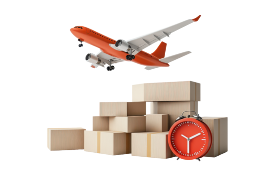 Isolated Airplane Flying Above Stack of Boxes and Alarm Clock
