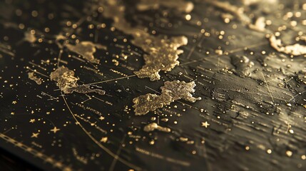 A close up of a dark surface with gold stars and constellations.