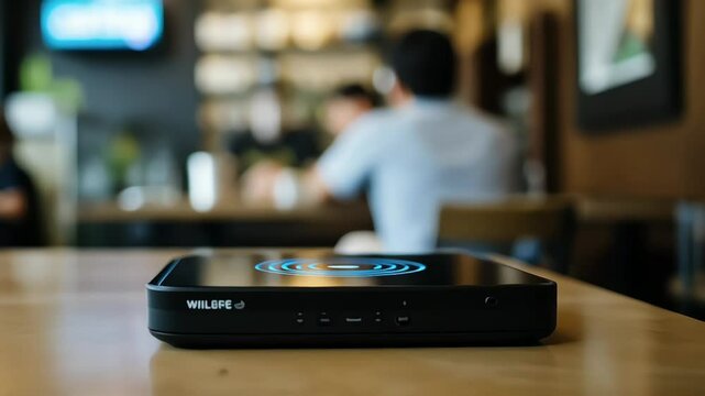 Black Wireless Router Providing Fast Internet Connection In A Cozy Cafe