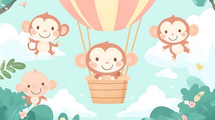 Playful monkeys in hot air balloon adventure whimsical landscape digital illustration cheerful scene