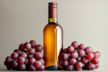 Obraz premium Fresh grapes and wine bottle display on neutral background with soft lighting