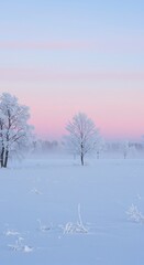 Obraz premium Serene twilight snowy landscape with frost-covered trees at sunrise