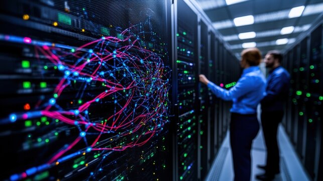 Woman in server room analyzing network with group of technology professionals collaborating on project